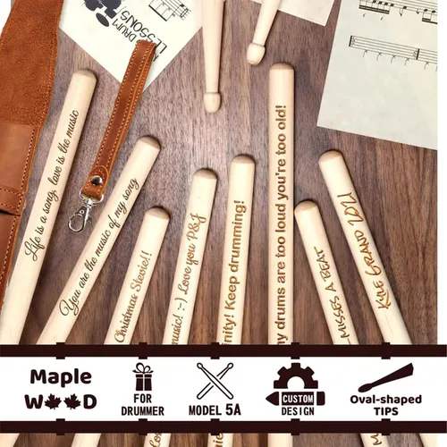 Vista 6 de Baquetas personalizadas de tamaño 5A con grabado láser en madera, regalo personalizado para músicos, bateristas, banda - Instrumentos musicales