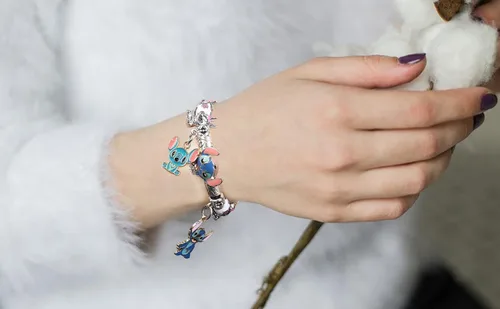 Vista 7 de HTPARY Stitch Bracelet Charm Bracelets DIY Cartoon Jewellery, Zinc Alloy Stitch Gift for Girls Daughter Women