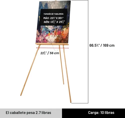 Vista 2 de Caballete de trípode con marco en A de 65 pulgadas, caballete de exhibición de madera con soporte de lona ajustable, caballete de suelo