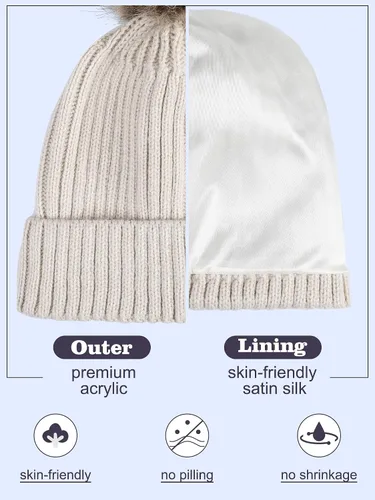 Vista 3 de Juego de 4 piezas de gorro de punto con forro de satén de invierno para mujer, negro (Black and Beige)