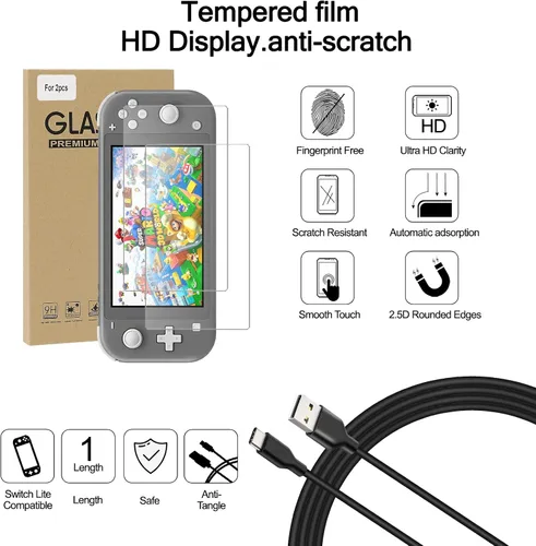 Vista 6 de Switch Lite - Paquete de accesorios, kit con funda de transporte, funda de TPU con protector de pantalla, base de carga, soporte de juego, funda