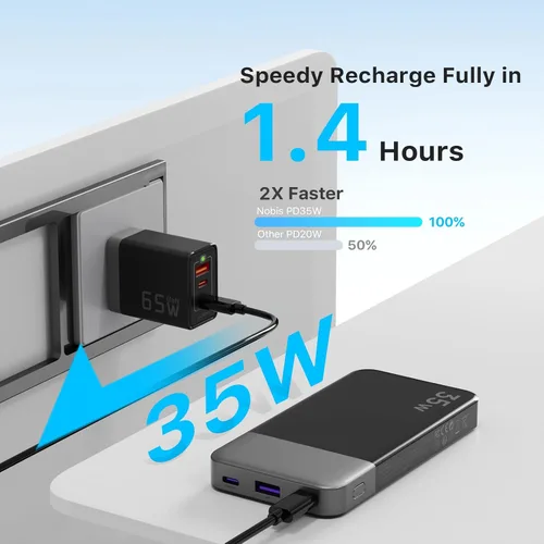 Vista 3 de NOBIS Cargador portátil, cargador de batería de 10000 mAh de carga rápida, paquete de baterías con cable C a C, banco de baterías con pantalla Negro