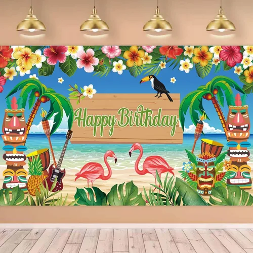 Vista 6 de KYMY Cartel grande hawaiano de Luau con texto en inglés "Happy Birthday", cartel de cumpleaños floral de verano con flamenco tropical de 70.8 x 43.3