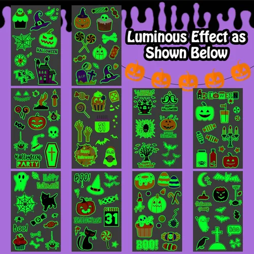 Vista 3 de Partywind Decoraciones de fiesta de Halloween brillantes para niños, 125 estilos, tatuajes luminosos de Halloween con calabaza/zombi/fantasma