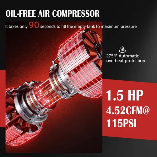 Vista 10 de Compresor de aire ultra silencioso de 8 galones, 1.5HP 4.52 CFM, tanque de compresor de aire sin aceite máximo de 115 PSI para reparación