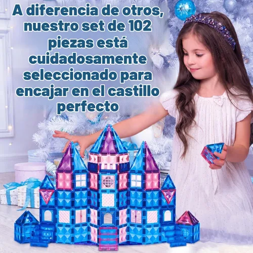 Vista 2 de Little Pi 102 piezas de bloques de construcción con azulejos magnéticos de castillo de princesa congelada - Bloques de diamante 3D, juguetes