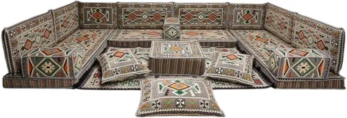 Vista 143 de arabicsofa Sofá en forma de U de estilo árabe para el suelo – Juego de Majlis hecho a mano – Sofá de estilo bohemio