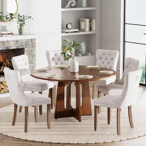 Vista 18 de Mesa de comedor redonda estilo granja para 6, mesa de cocina circular de 47" MDF con acabado de grano de madera, mesa de cocina y comedor de madera