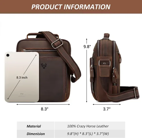 Vista 5 de HUMERPAUL Bolso de mensajero de cuero para hombres y mujeres, bolso de mano cruzado para el trabajo y negocios, Café Mh573