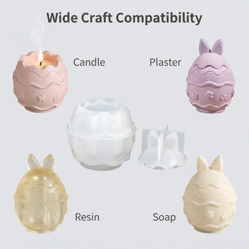 Vista 4 de Molde de silicona para tarro de vela de huevo de conejo de Pascua, molde de resina de huevo de conejo 3D para velas, taza de almacenamiento
