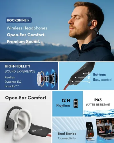 Vista 4 de R1 - Auriculares de oreja abierta, conducción ósea, Bluetooth 5.3, batería de 12 horas, resistente al sudor y al agua, inalámbricos con micrófono