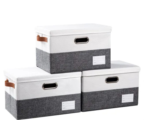 Vista 72 de PRANDOM Contenedores de almacenamiento con tapas [paquete de 3] cajas de almacenamiento plegables de tela de lino, canastas organizadoras, cubos