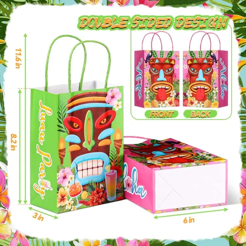 Vista 3 de 24 bolsas de regalo para fiesta Luau, bolsas de papel Aloha hawaianas, bolsas de regalo para fiesta Tiki, bolsas de regalo tropicales con asas