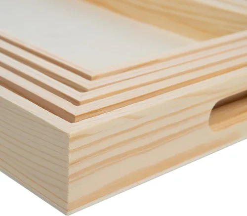 Vista 5 de Bandejas de madera anidadas para servir, bandejas rectangulares sin terminar con asas recortadas para manualidades, otomanos, servir y decoración