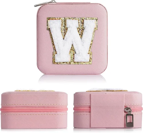 Vista 3 de Joyero de viaje para mujeres y niñas, caja de joyería con inicial W para adolescentes y niñas Joyero pequeño de viaje para mujeres Joyero de viaje