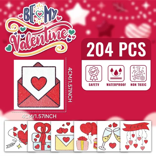 Vista 6 de EMOME 204 tatuajes con purpurina de San Valentín para niños, envueltos individualmente, tatuajes temporales para niñas, lindos tatuajes temporales