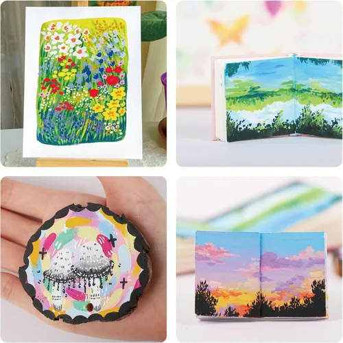 Vista 6 de HIMI - Juego de pintura Gouache de 24 colores vibrantes, pinturas no tóxicas, diseño de taza de gelatina con pinceles de pintura de paleta, portátil