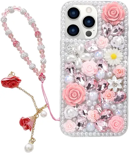Vista 19 de para iPhone 14 Pro - Funda con Purpurina y Diamantes de Imitación, de Lujo, con Cristales Brillantes, Flores de Rosa, Perlas Florales, Pulseras