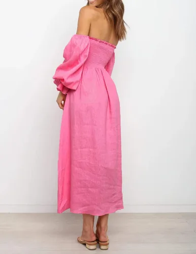 Vista 5 de R.Vivimos Vestido de verano para mujer, de manga larga, casual, estampado a cuadros, fruncido, hombros descubiertos, acampanado, vestido midi