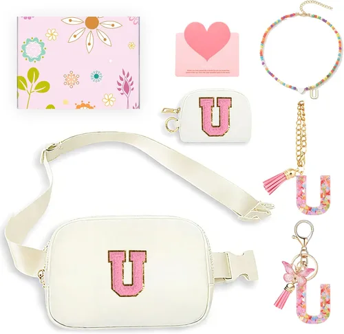 Vista 33 de Regalos de moda para niñas adolescentes, cangurera con monograma para niña con llavero, collar, dijes de taza, tarjeta de felicitación y caja