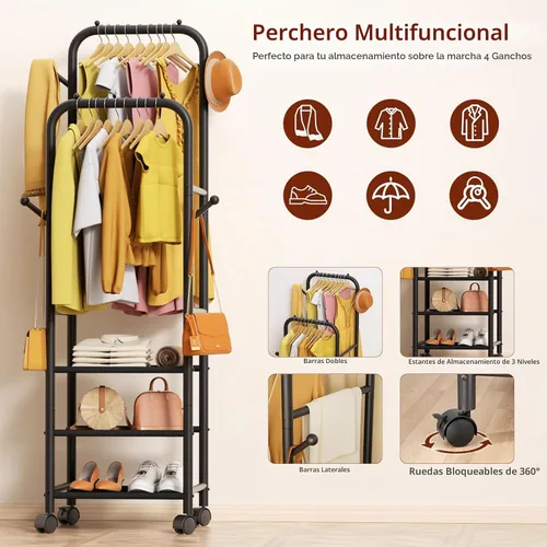 Vista 5 de Furologee - Percheros enrollables para colgar ropa, con dobles varillas, con ruedas, perchereros resistentes, perchero metálico portátil