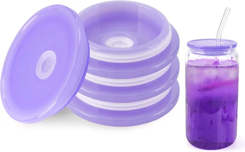 Vista 9 de Joyclub Paquete de 4 tapas acrílicas para vasos de vidrio de 16 onzas con tapas de bambú y pajitas, vasos reutilizables para café helado, vasos