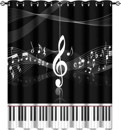 Vista 26 de Cortinas opacas de oscurecimiento de habitación con ojales, diseño rústico de símbolos musicales blancos y negros, tratamiento de ventana