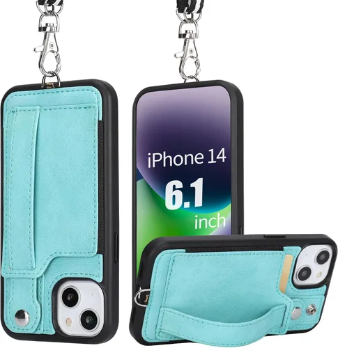 Vista 32 de TOOVREN Funda para teléfono compatible con iPhone 14 Plus, compatible con iPhone 14 Plus, funda con correa para tarjetero, cordón de cuero para Negro