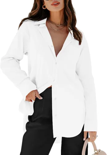Vista 21 de siliteelon Camisas de vestir con botones para mujer, blusas de manga larga, cuello en V, lisas, casuales, con bolsillos