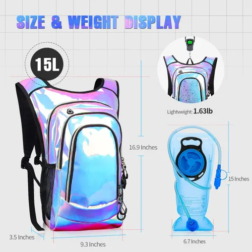 Vista 3 de Mochila de hidratación, paquete de hidratación para festivales y raves, mochila de agua con bolsa de hidratación de 2L, mochila de hidratación