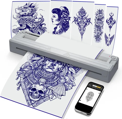 Vista 9 de Nueva impresora de plantillas de tatuajes, kit térmico inalámbrico Bluetooth con 10 papeles de transferencia, se adapta a papel térmico