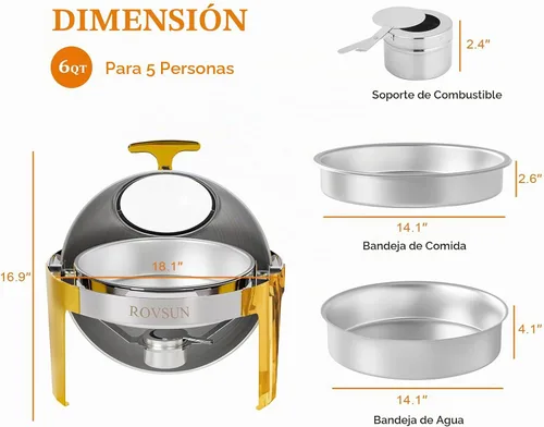Vista 8 de ROVSUN Platos de Roce con Parte Superior Enrollable para Buffet 6QT, Juego de Platos de Roce Redondos de Acero Inoxidable para Buffet, Juego