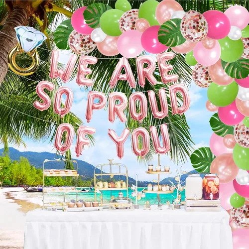 Vista 5 de Globos con texto en inglés «We Are So Proud Of You» para playa, tropical, hawaiano, Aloha Luau, decoraciones para fiestas de graduación, clase