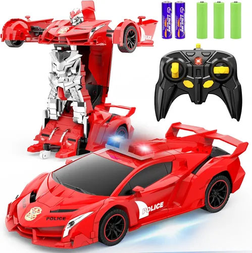 Vista 11 de FDJ - Auto a control remoto que se transforma en robot, transformación con un botón a robot con luz intermitente, juguete de policía para niños