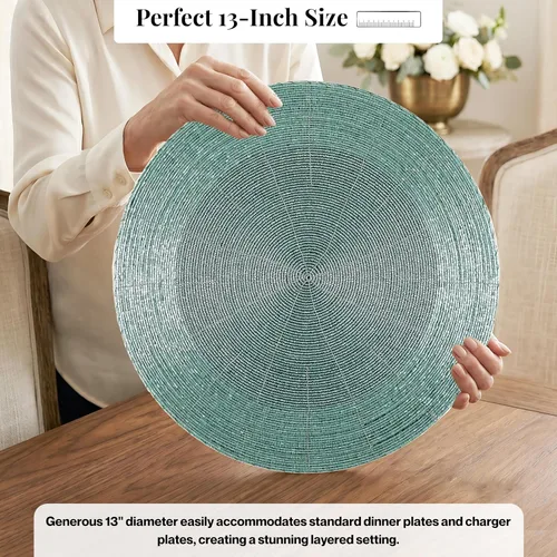 Vista 4 de 4 Piezas Manteles Individuales con Cuentas - Manteles de Mesa Redondos de Cuentas de Vidrio de 13 Pulgadas con Respaldo de Algodón - Elegantes