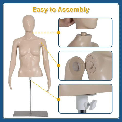 Vista 4 de Maniquí de forma de vestido femenino de la naturaleza, altura ajustable de 39-56 pulgadas, brazos desmontables, base de metal