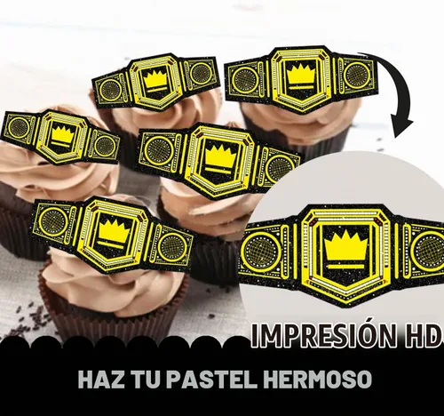 Vista 3 de 18 piezas de cinturón pesado con purpurina dorada para postre para cupcakes, decoración temática de campeón de lucha libre, suministros