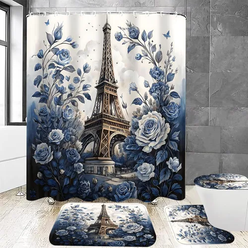 Vista 9 de Chrainy Juego de 4 cortinas de ducha de la torre Eiffel de París, botella de perfume, flores, negro, decoración de baño con 12 ganchos Waterproof
