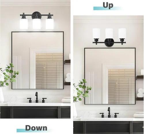 Vista 7 de Lámparas de baño negras de 3 luces, modernas luces de tocador sobre el espejo, apliques de pared de baño con pantalla de vidrio blanco, enchufe E26