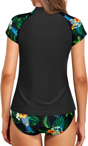 Vista 3 de Holipick Traje de baño de dos piezas de manga corta de manga corta Rash Guard Cap traje de baño con cremallera traje de baño Bulid in Bra Swim Shirt