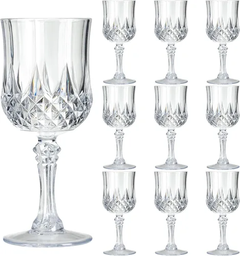 Vista 17 de Copas de vino de plástico de 7 onzas, 10 vasos de vino reutilizables ámbar, copas de champán vintage, copas de agua de cristal de plástico
