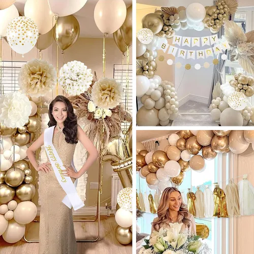 Vista 4 de Decoraciones de Fiesta de Cumpleaños Blancas y Doradas Mejoradas para Niñas, Mujeres y Hombres con Banda de Feliz Cumpleaños, Pancarta, Pompones