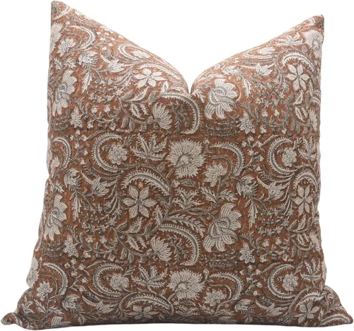 Vista 8 de Funda de cojín hecha a mano con estampado de bloques de 14 x 14 pulgadas, de lino puro, para otoño, verano, decoración de primavera para sofá, cama