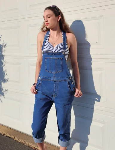 Vista 3 de luvamia - Overol de mezclilla ajustable y elástico para mujer, con pechera, jeans, pantalones, jumpsuits A1 Cody Blue