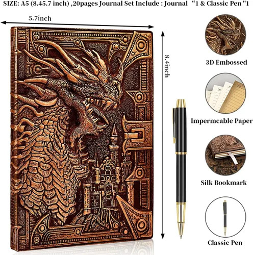 Vista 2 de DND - Cuaderno de Dungeon and Dragon de cuero en relieve 3D, diario de dragón con bolígrafo negro y funda para bolígrafo, diario de viaje vintage