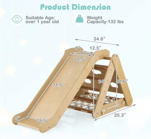 Vista 6 de HONEY JOY Escalador triangular 4 en 1 con rampa, escalera triangular de 3 lados para niños con cuerda de red y barras, juguetes de escalada Natural