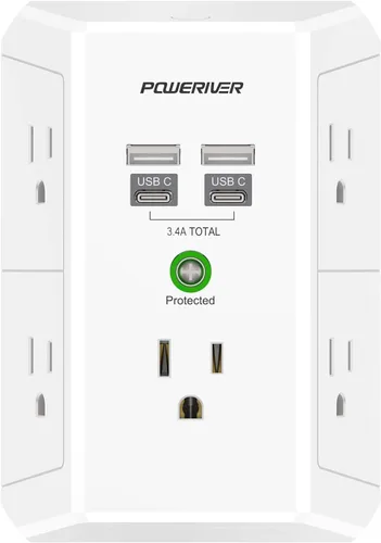 Vista 9 de POWERIVER - Extensor de sobretensiones multitoma de corriente con 5 salidas de CA y 4 puertos USB (2 USB C), 1,680 julios, divisor de salida