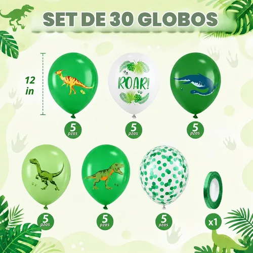 Vista 2 de Globos de dinosaurio, 12 pulgadas, decoraciones de safari en la selva para Conjunto de látex con estampado de dinosaurio verde claro y blanco