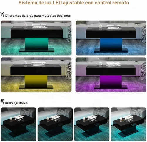 Vista 3 de HedoAjim - Mesa de café LED para sala de estar, mesa rectangular central de sala de estar, mesas de café modernas de madera con alto brillo y luces