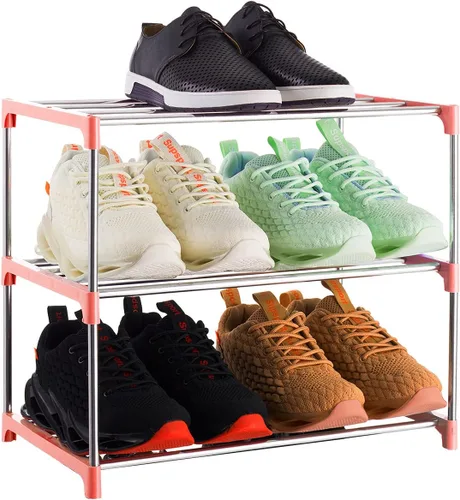 Vista 14 de Estante de zapatos pequeño apilable de 3 niveles, organizador de almacenamiento ligero para entrada, pasillo y armario (negro)